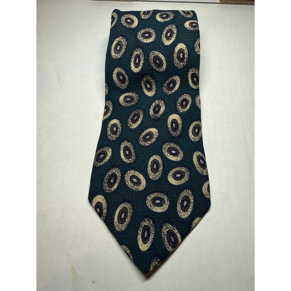 Robert Talbott Studio Men Silk Tie Green W/ Beige Blue Medallion Jacquard USA